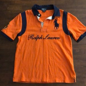 RALPH LAUREN Polo Boys Size 14-16 SHORT SLEEVE Orange Blue LARGE Pony Logo SHIRT